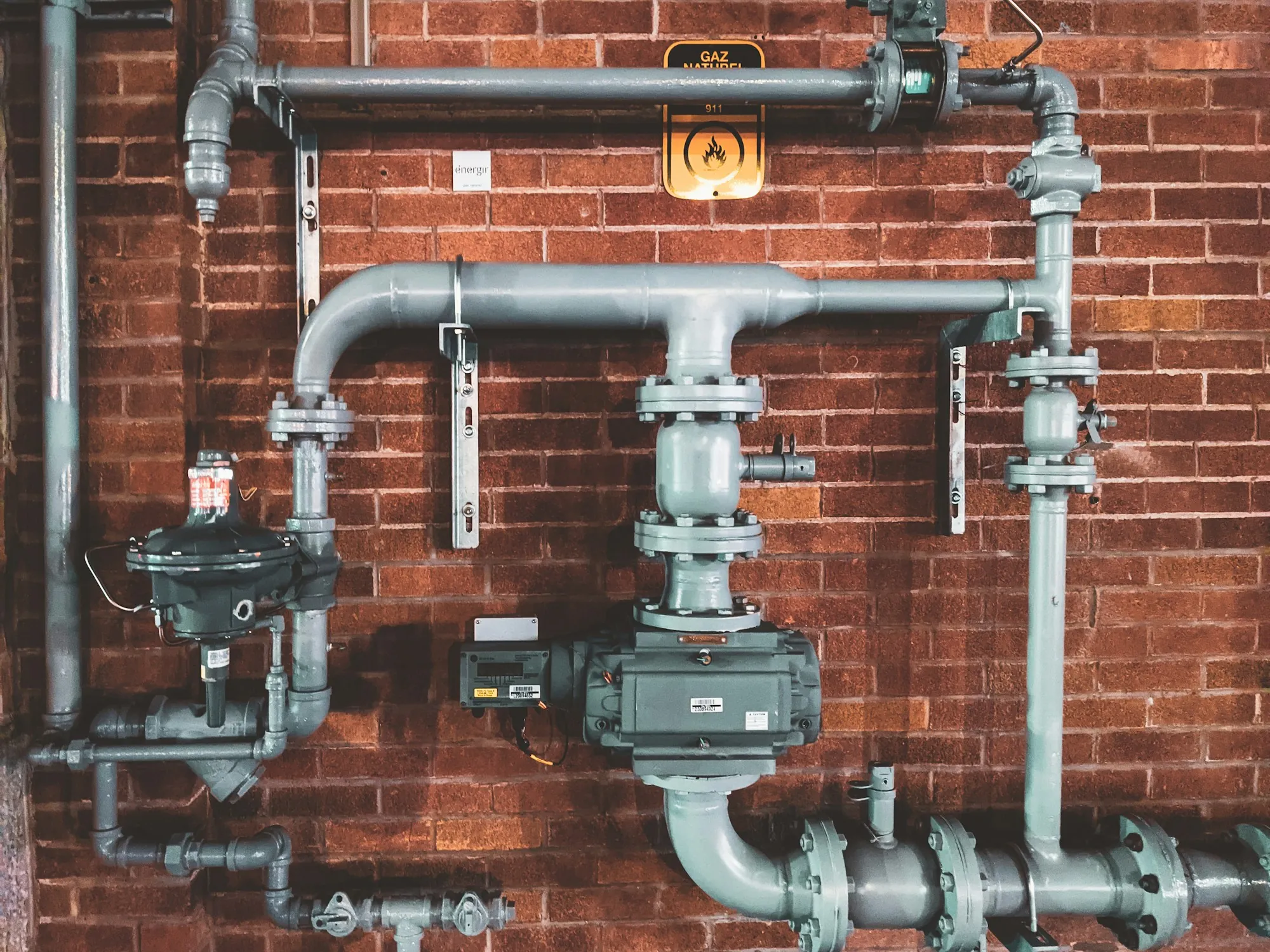 Gas meter and regulator pipes on a brick wall